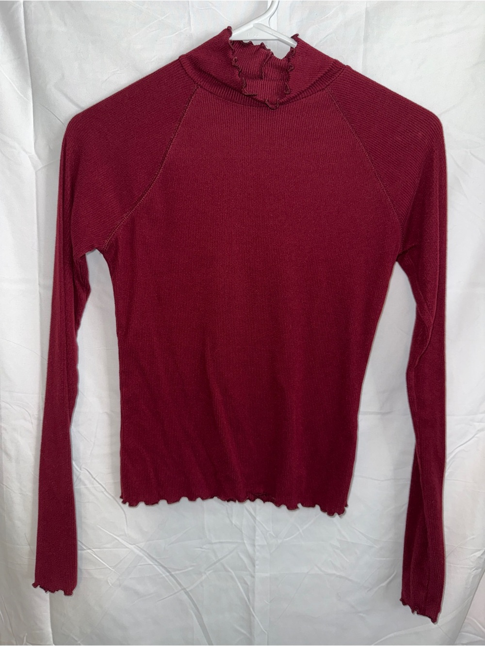 SO Burgundy Mock Neck Long Sleeve Top with Lettuce Edge